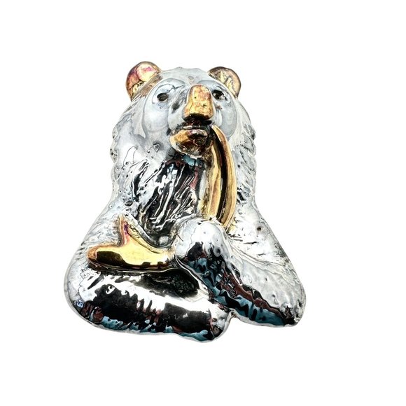 Vintage Artisan GW Two Tone Sterling Silver Bear Salmon Pin Pendant Isreal - Picture 2 of 5